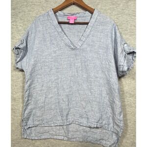 Isaac Mizrahi Womens Top M Linen V Neck Short Sleeve Blouse Blue‎ Lagenlook